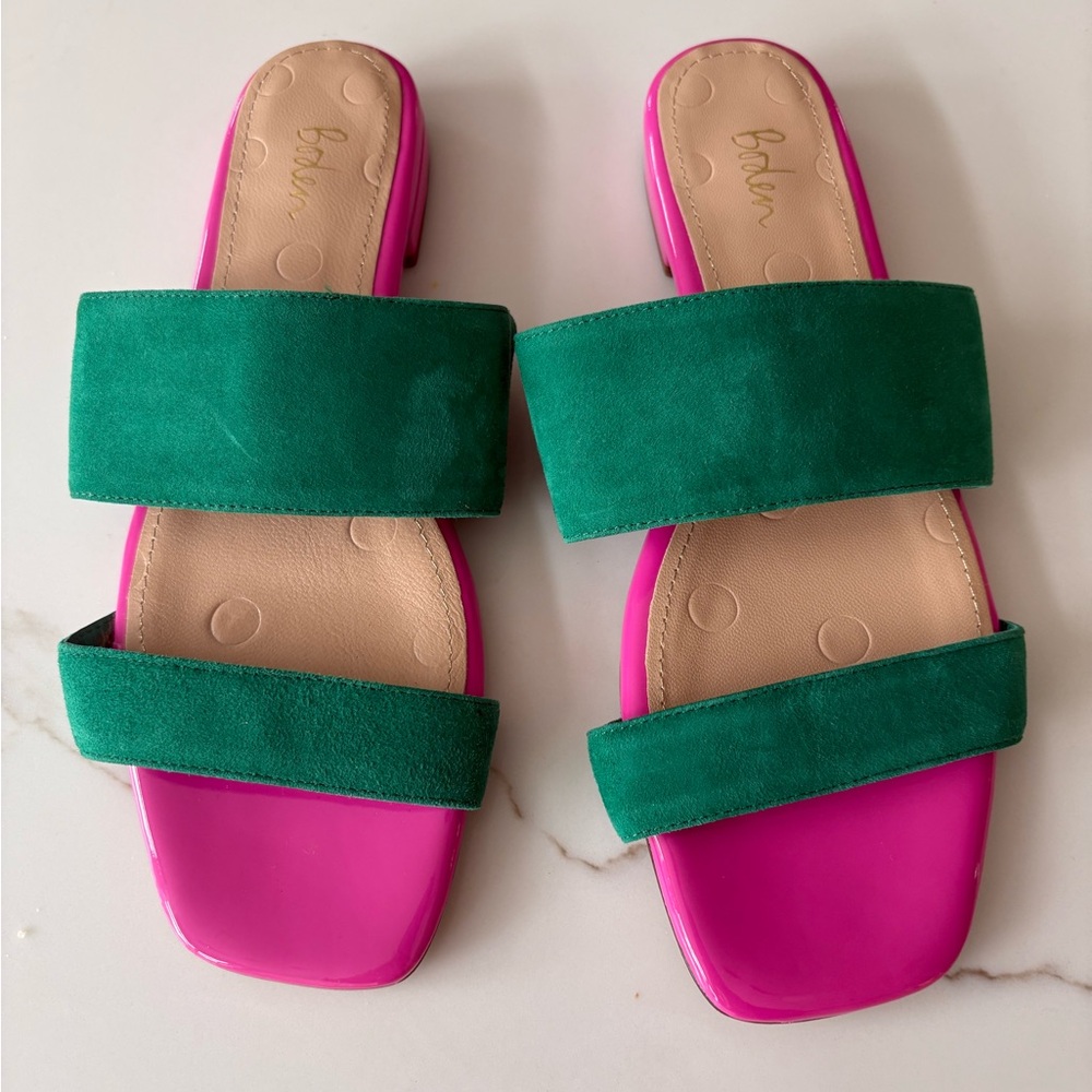 Boden sandals NEW two strap sandal flat suede green pink size EU 38/US 7